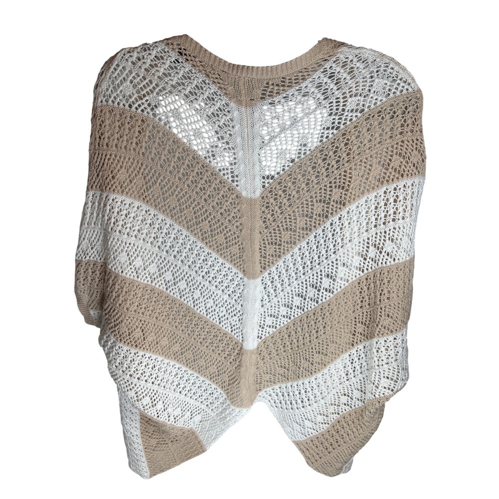 Boho Tan White Open Knit Chevron Sweater Women's Size Small Crochet Cottagecore - Picture 2 of 7